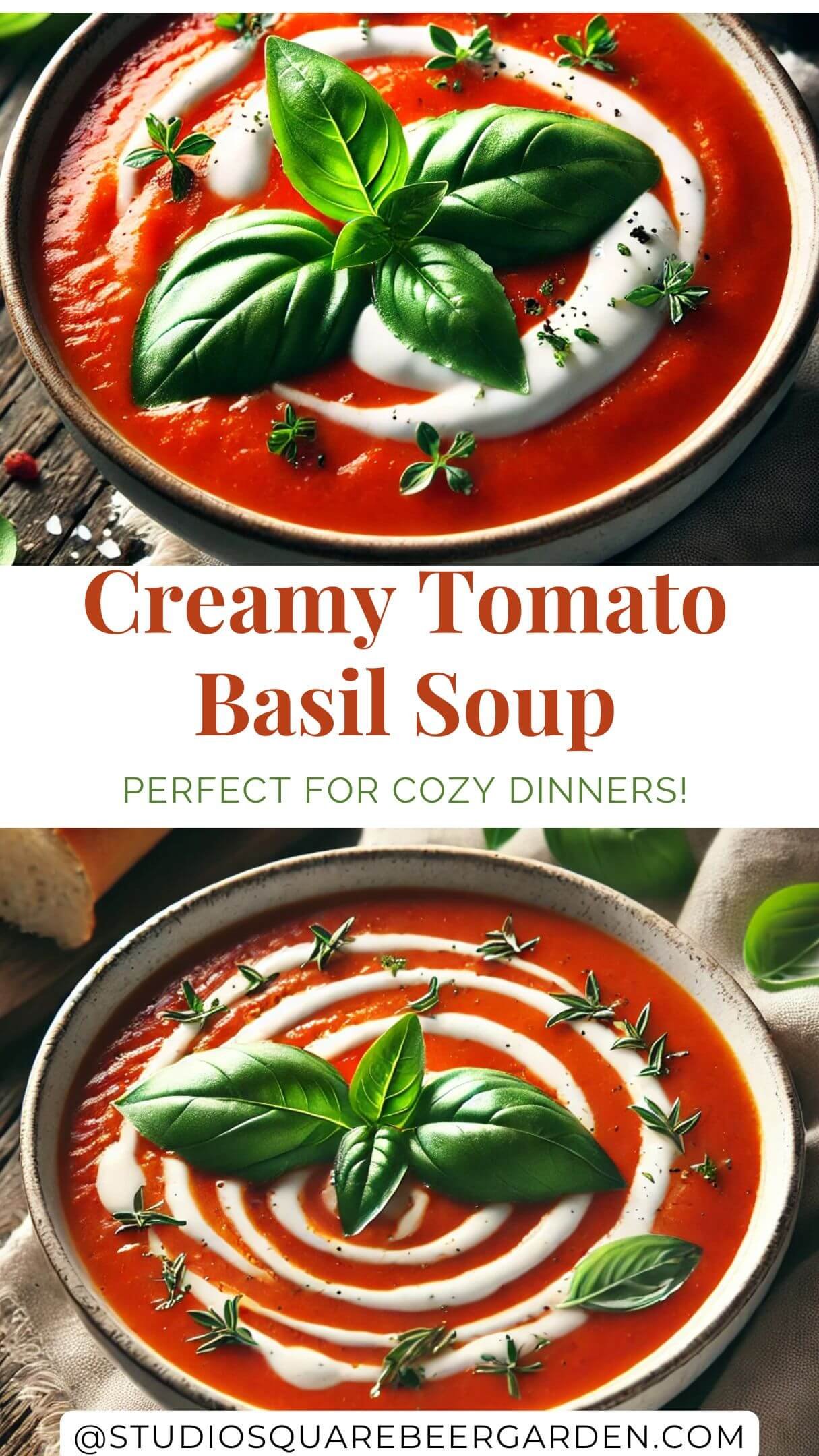 Warm up with this Creamy Tomato Basil Soup Recipe! Made with fresh tomatoes, aromatic basil, and a rich, creamy base, it’s perfect for a cozy dinner or lunch. Pair it with crusty bread for the ultimate comfort food! #TomatoBasilSoup #CreamySoupRecipe #ComfortFood