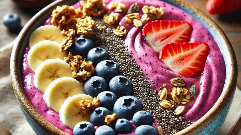 This Smoothie Bowl with Granola is a vibrant, nutritious way to fuel your morning! Loaded with fruits, granola, and superfood toppings, it’s easy to make and absolutely delicious. Perfect for those who love quick, healthy meals! #HealthySmoothieBowl #GranolaBreakfast #SuperfoodSmoothie