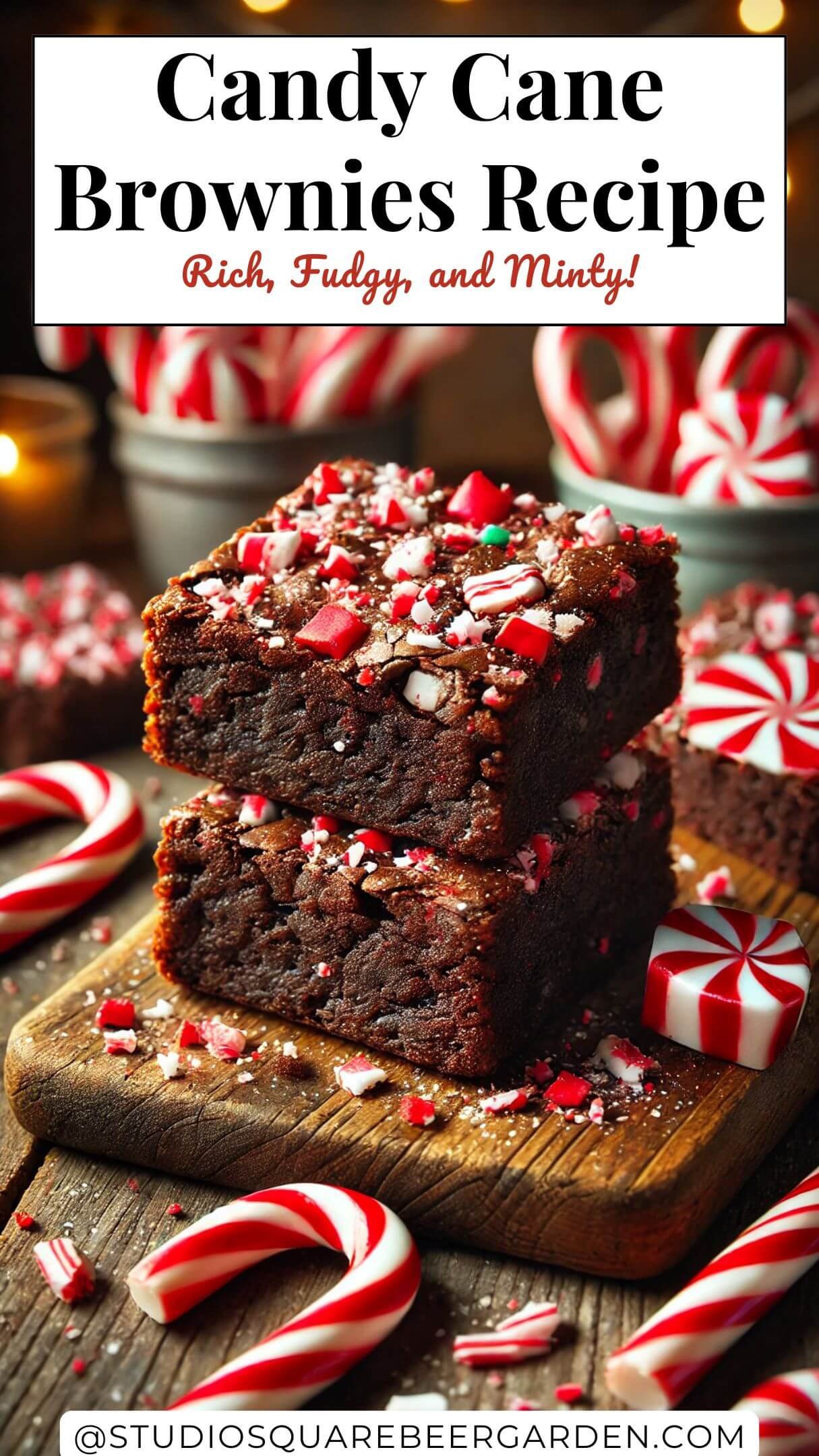 These Candy Cane Brownies are a must-try for the holidays! Fudgy brownies topped with crushed candy canes and a hint of mint for a festive and irresistible treat. #HolidayBrownies #CandyCaneBrowniesRecipe #ChristmasTreats