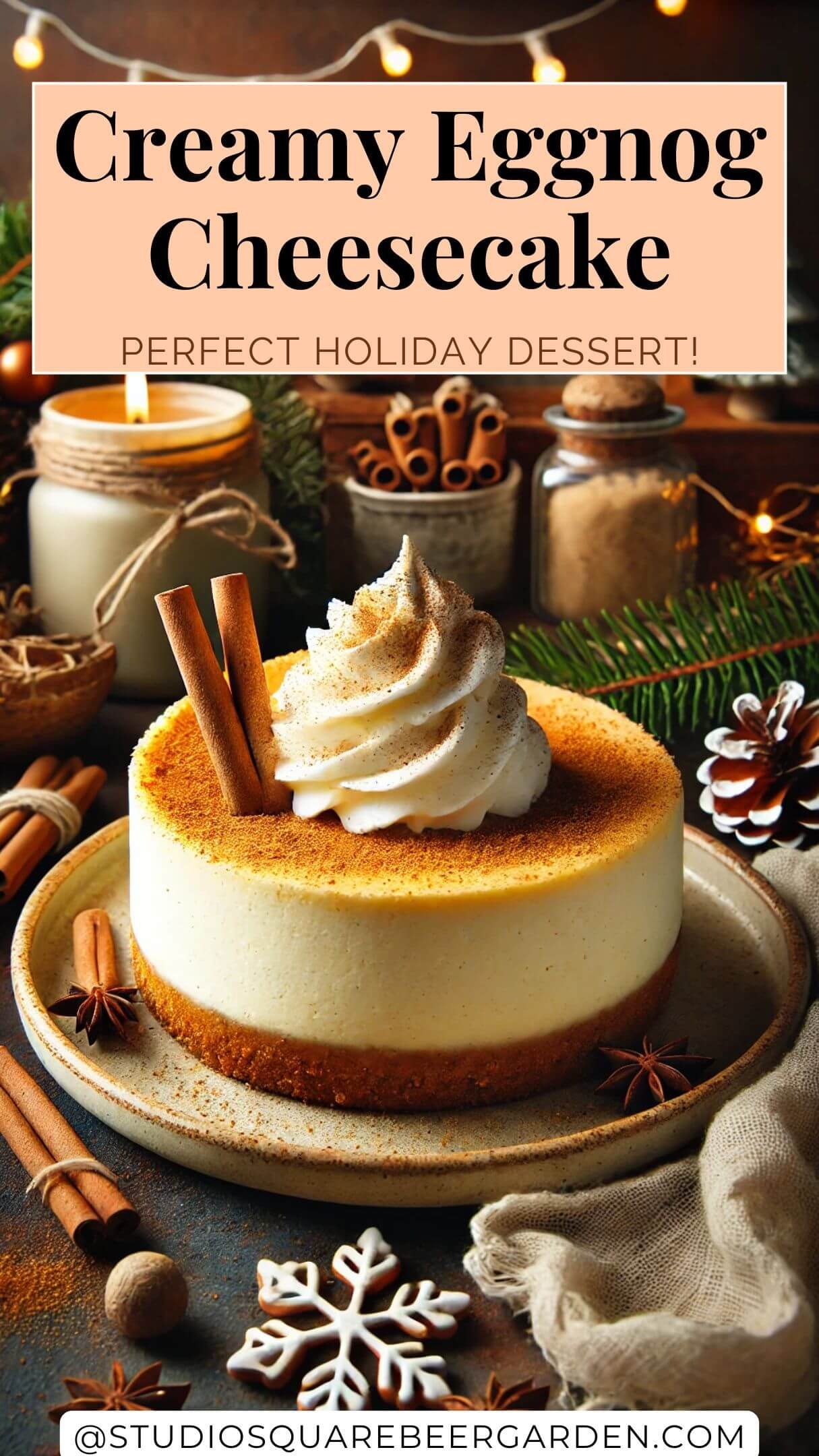 Treat your family and friends with this delicious Eggnog Cheesecake Recipe! A creamy and indulgent dessert that’s ideal for Thanksgiving, Christmas, or any winter celebration. #EggnogRecipesDesserts #WinterCheesecakeRecipes #EggNogDessertsEasy