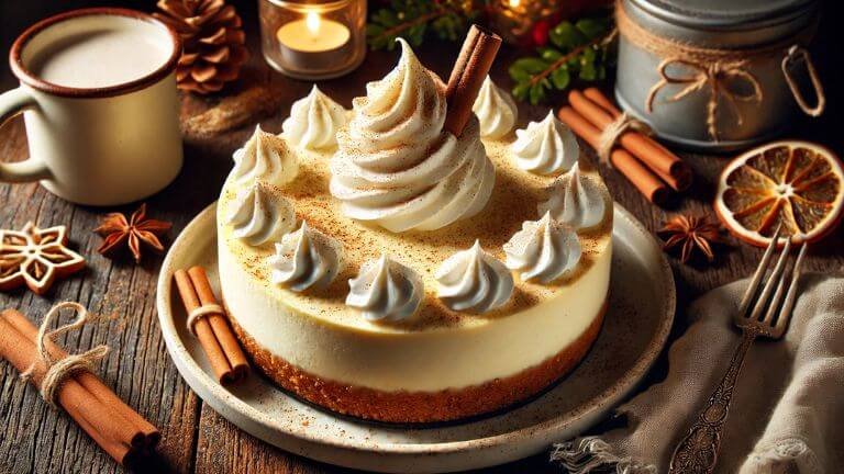 This Eggnog Cheesecake Recipe is a holiday favorite! Creamy and flavorful, it’s perfect for winter celebrations, Christmas gatherings, or a no-bake dessert option. #EggNogCheesecakeRecipe #EggnogCheesecakeNoBake #EasyChristmasCheesecakeRecipes