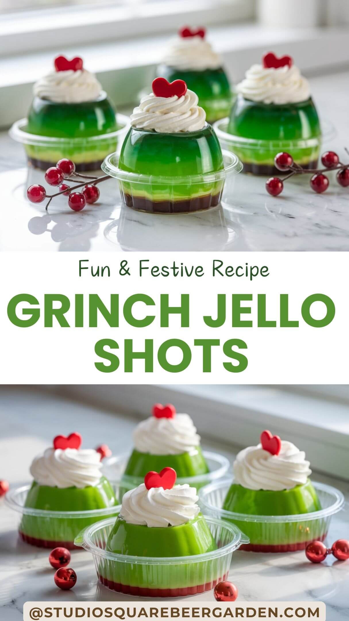 These easy Grinch jello shots are the perfect addition to your Christmas party menu! Fun, festive, and delicious, these shots will be the highlight of your holiday gatherings. #GrinchJelloShotsRecipe #ChristmasCocktails #HolidayPartyDrinks