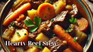 Warm up with this Hearty Beef Stew Recipe, packed with tender beef, fresh veggies, and a rich, flavorful broth. Perfect for fans of Grandma’s Beef Stew Recipe or Old-Fashioned Beef Stew in a Slow Cooker. Ideal for cozy nights and family dinners! #BeefStewWithRoastMeat #GrandmasBeefStewRecipe #StewMeatPotRoast