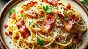 Looking for an easy and flavorful dinner? This Spaghetti Carbonara Recipe is a classic pasta dish with bacon and creamy sauce that’s great for picky eaters or meal train lunch ideas. #DinnerIdeaWithBacon #NoodlesForDinner #EasyMealsForDinnerForPickyEaters