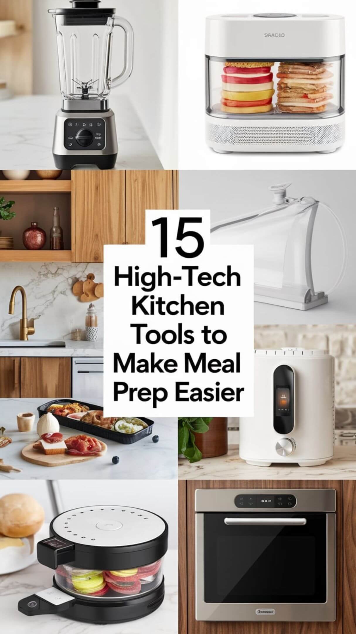 The image contains a variety of high-tech kitchen tools, including a smart blender, a food dehydrator, a vacuum sealer, a sous vide machine, and a smart oven. The background is a modern kitchen with wooden cabinets and a marble countertop