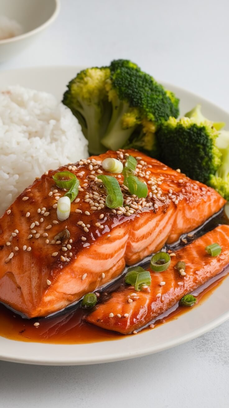 A plate of teriyaki salmon with white rice and broccoli