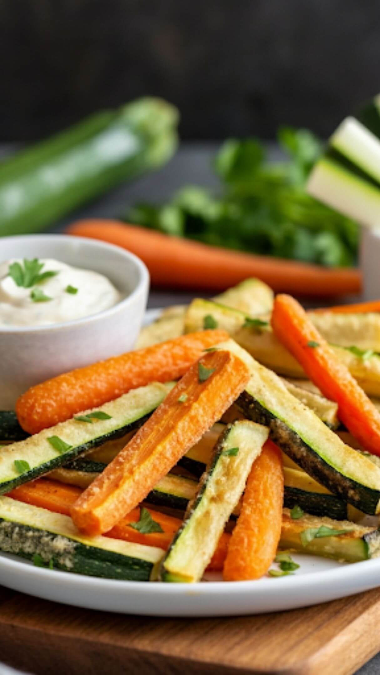 A bright and colorful image showcasing freshly air-fried veggie fries. Arrange golden-brown zucchini and carrot sticks neatly on a white plate or wooden board, garnished with a sprinkle of herbs. Include a small dipping sauce bowl (like ranch or garlic aioli) on the side. Use natural lighting to enhance the vibrant colors of the vegetables, and add a few raw carrot and zucchini sticks in the background for a fresh touch.