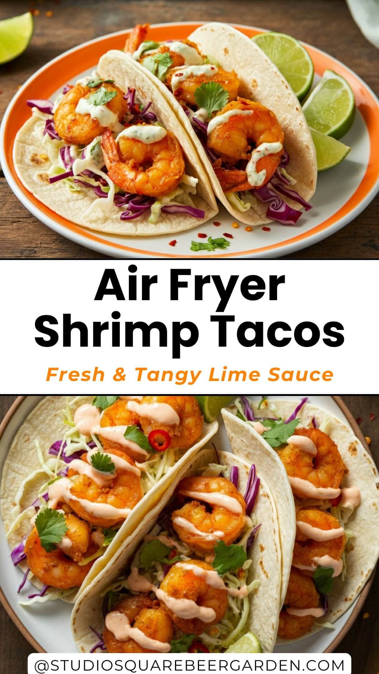 Air Fryer Shrimp Tacos with Lime Sauce! Crispy, flavorful shrimp paired with a tangy lime sauce make for the perfect quick and healthy dinner. Serve with fresh toppings like slaw or avocado for a delicious twist.