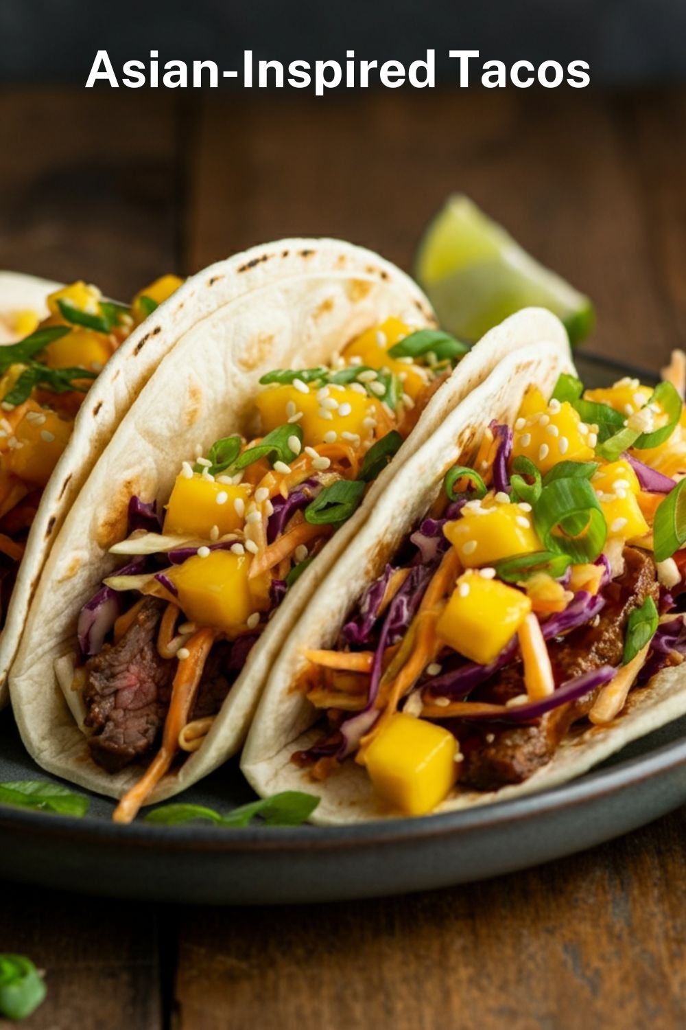 A vibrant plate of tacos filled with colorful mango slaw, glazed beef or tofu, sprinkled with sesame seeds, and garnished with green onions, all placed on a rustic wooden table with lime wedges on the side.