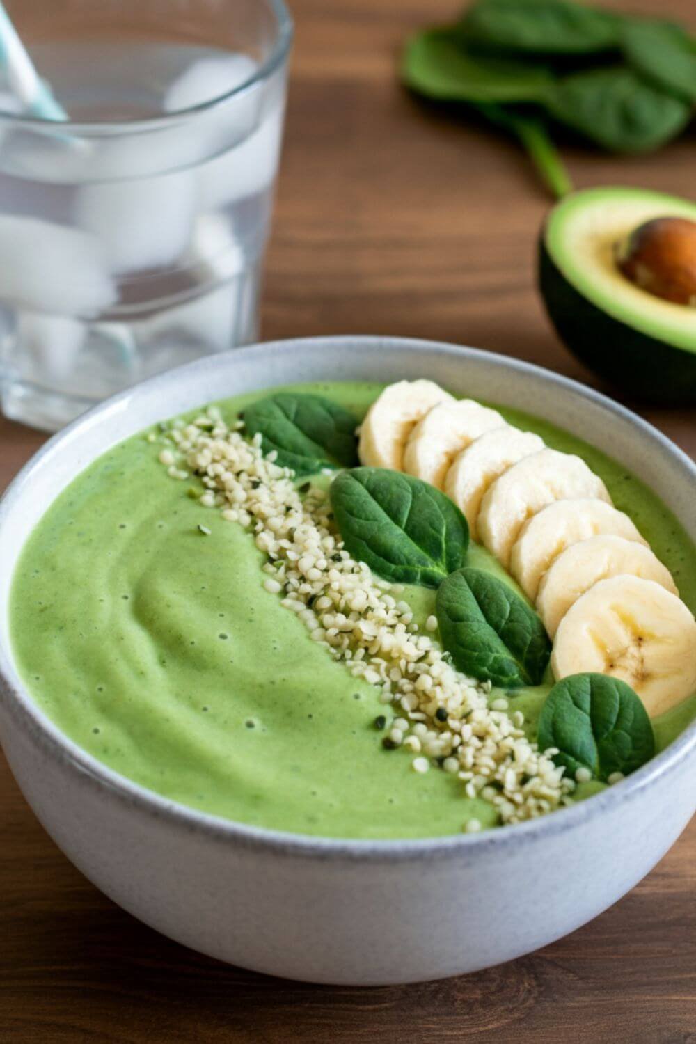 A vibrant green smoothie bowl topped with fresh banana slices, a sprinkle of hemp seeds, and a few spinach leaves for garnish. The bowl is placed on a wooden countertop with a small glass of coconut water and half an avocado nearby. The scene is bright and inviting, with natural light illuminating the fresh ingredients.