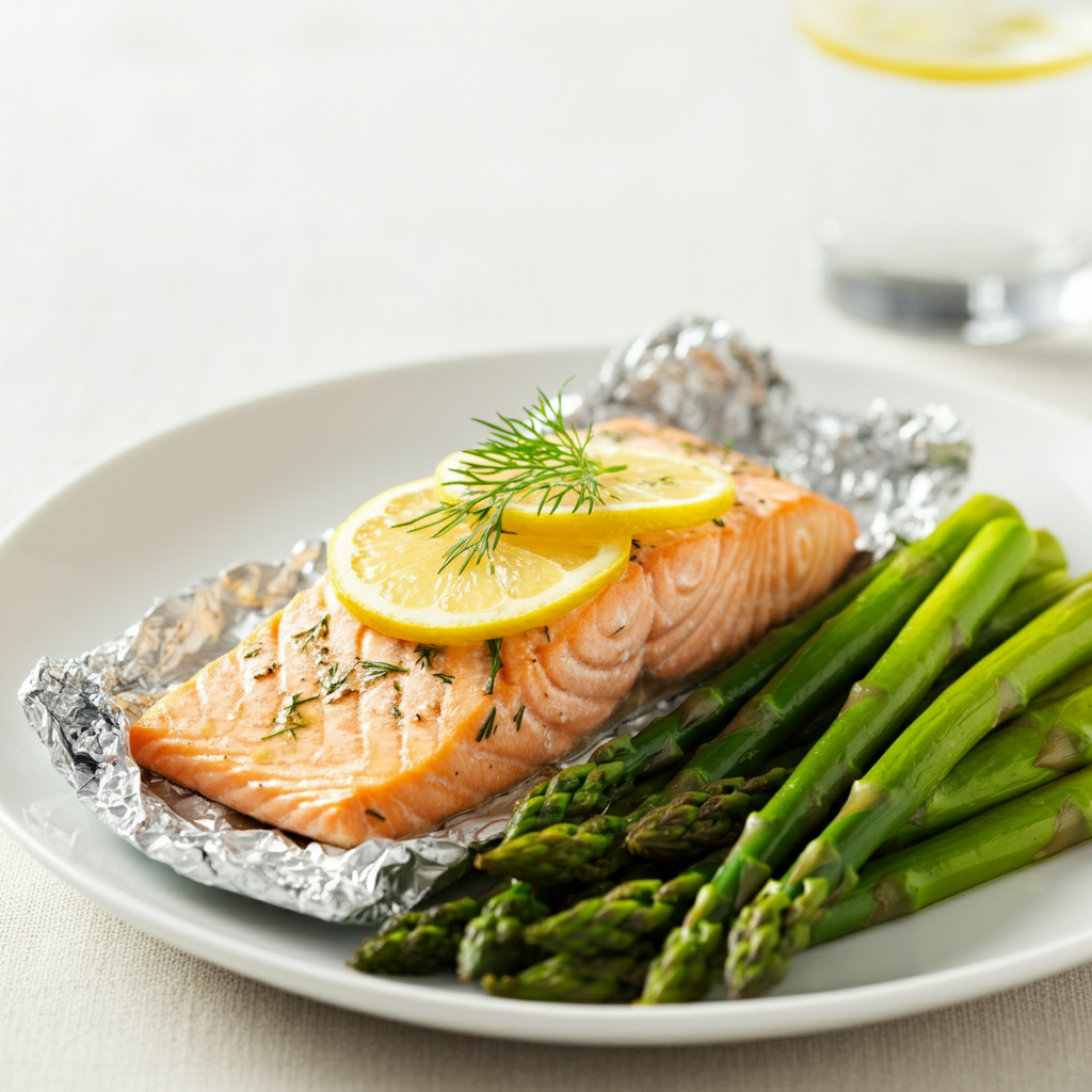 A vibrant plated meal featuring a foil-baked salmon fillet topped with fresh dill and lemon slices, paired with a side of bright green steamed asparagus. Set on a simple white plate with a neutral background.