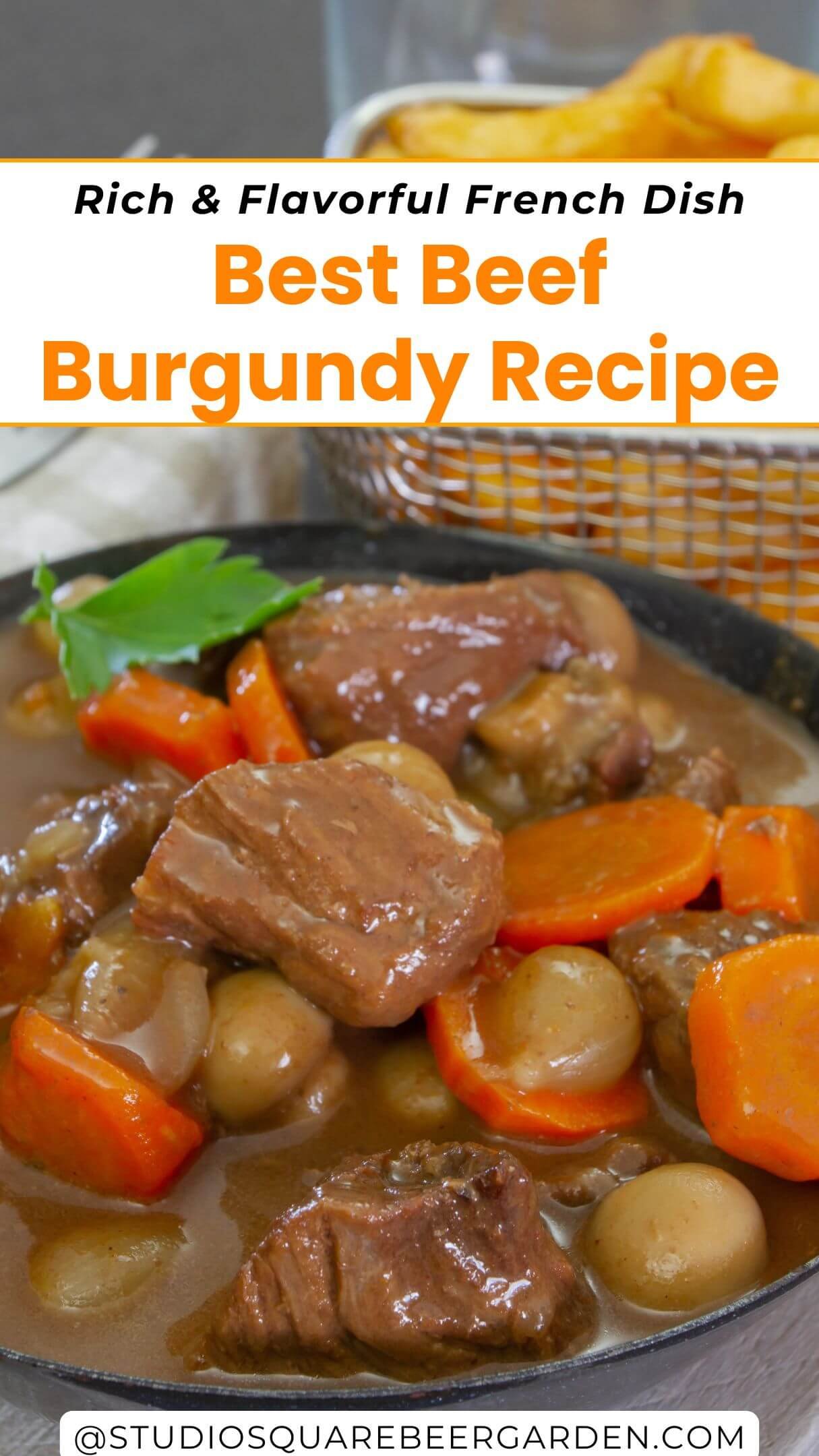 Classic Beef Burgundy Recipe! Tender beef slow-cooked in red wine with mushrooms and onions creates the ultimate hearty comfort food. Perfect for cozy dinners or special occasions. Pair it with mashed potatoes or crusty bread!