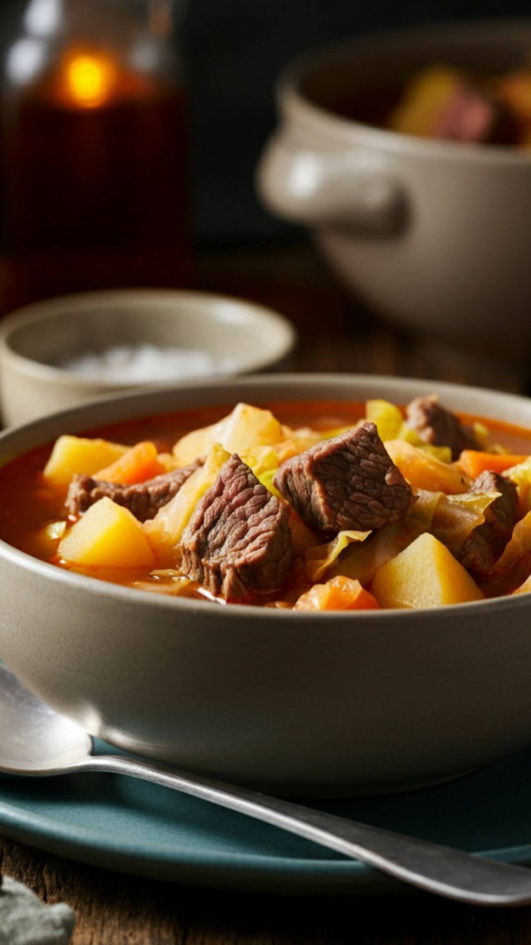 This hearty soup is packed with flavor and warmth, making it perfect for cozy nights. The combination of tender beef, sweet cabbage, and hearty potatoes creates a rustic, satisfying meal in a bowl.