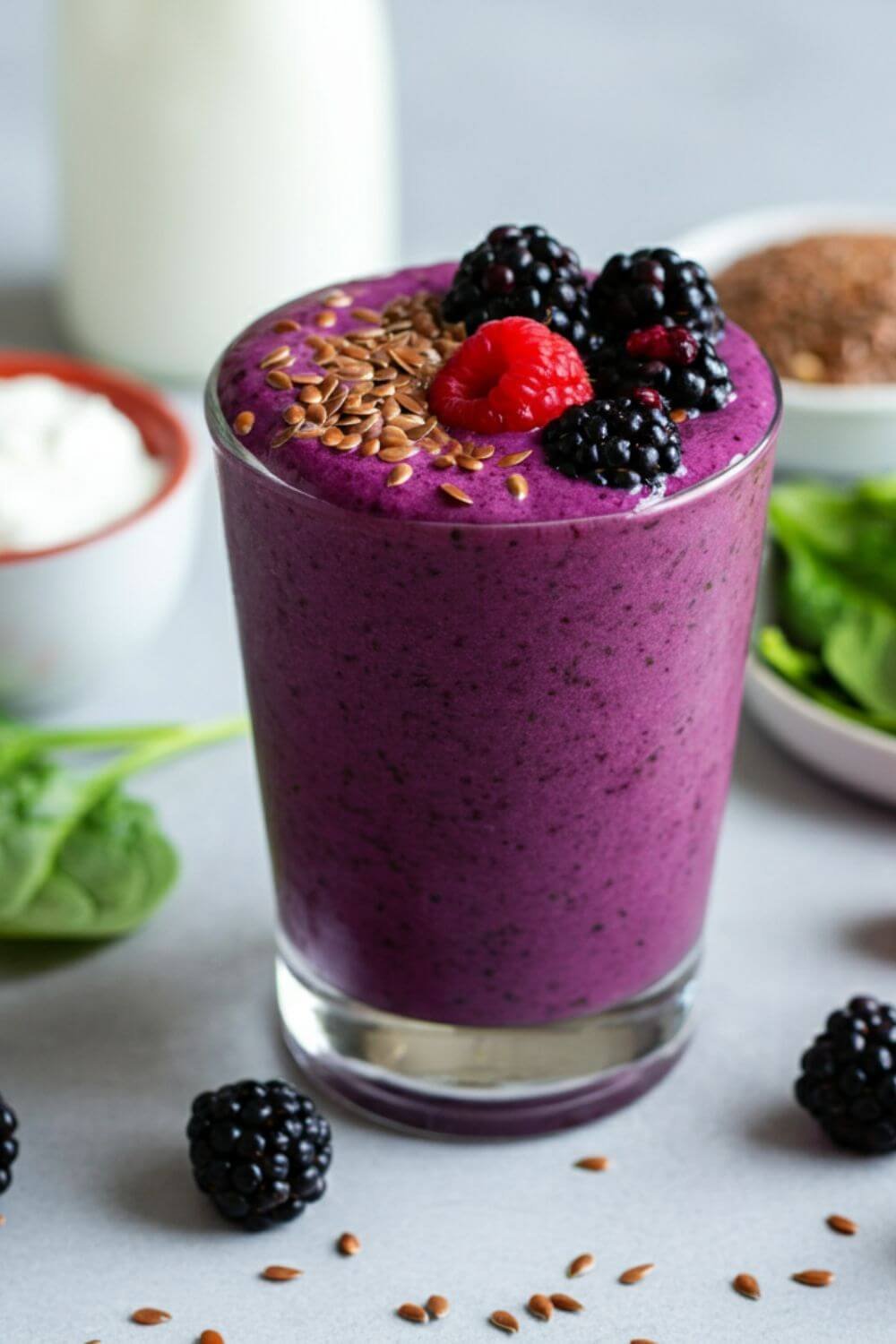 A vibrant smoothie shot in natural light, featuring a clear glass filled with a rich purple Berry Bliss Smoothie topped with a sprinkle of flaxseeds and a few fresh berries. Surround the glass with the raw ingredients: a handful of spinach, mixed berries (blueberries, raspberries, strawberries), a small bowl of Greek yogurt, a spoonful of flaxseeds, and a glass of water. The background should be clean and bright, emphasizing freshness and healthiness.