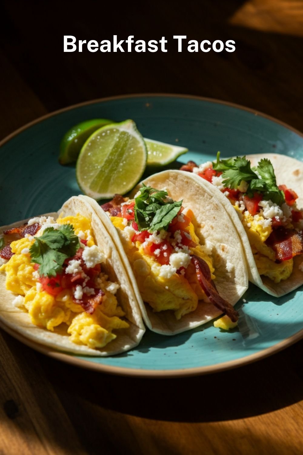 A plate of breakfast tacos with scrambled eggs, crispy bacon, and queso fresco, garnished with cilantro and a drizzle of hot sauce, served on a rustic wooden table with a side of fresh lime wedges.