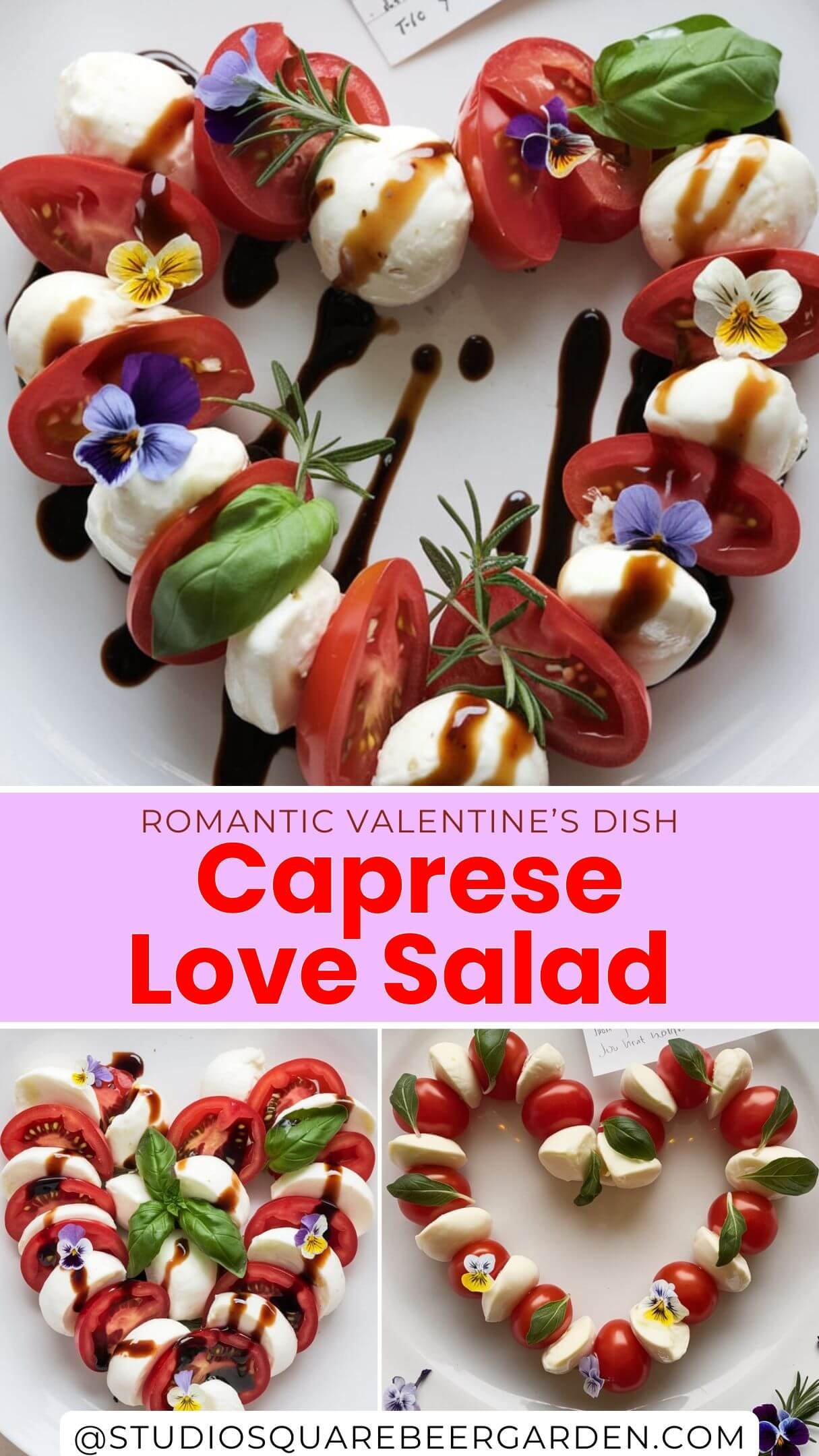 This Caprese Love Salad is a beautiful and delicious way to show your love! Heart-shaped mozzarella and tomatoes make it perfect for Valentine’s Day. #ValentinesDay #CapreseSalad #HeartShapedFood