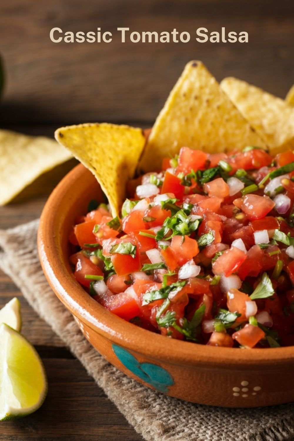 A vibrant bowl of freshly made tomato salsa with diced tomatoes, onions, and cilantro, surrounded by lime wedges and tortilla chips on a rustic wooden table.
