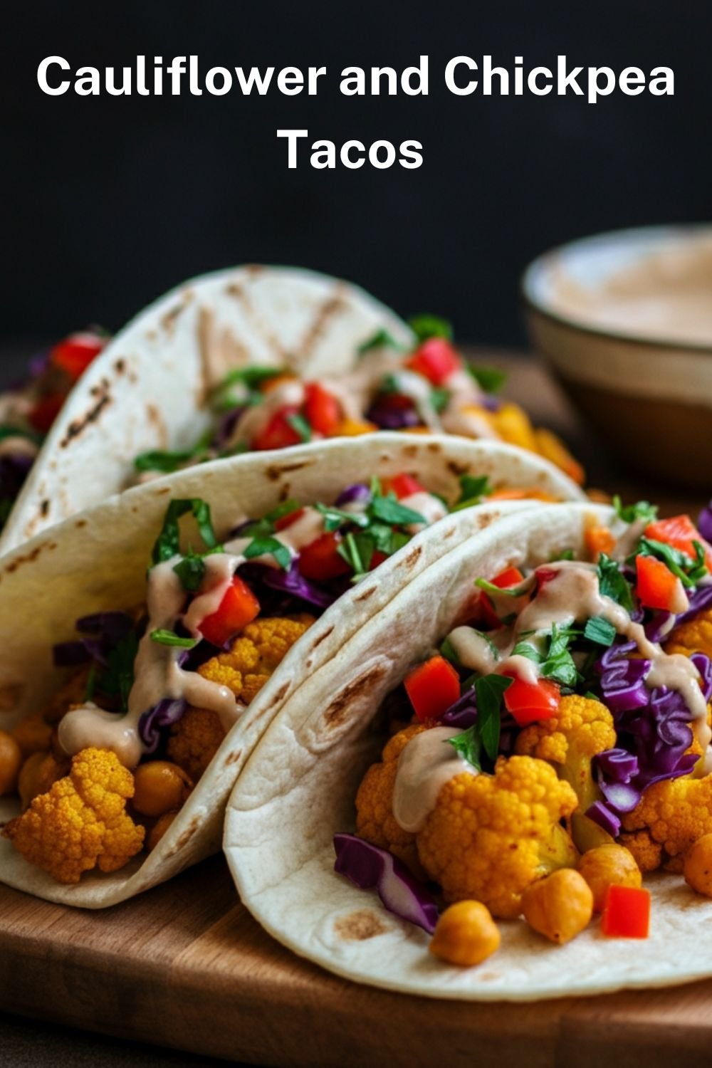 A vibrant plate of cauliflower and chickpea tacos on soft tortillas, topped with tahini sauce, chopped parsley, and colorful diced vegetables. The tacos are arranged on a wooden board with a small bowl of tahini sauce in the background.