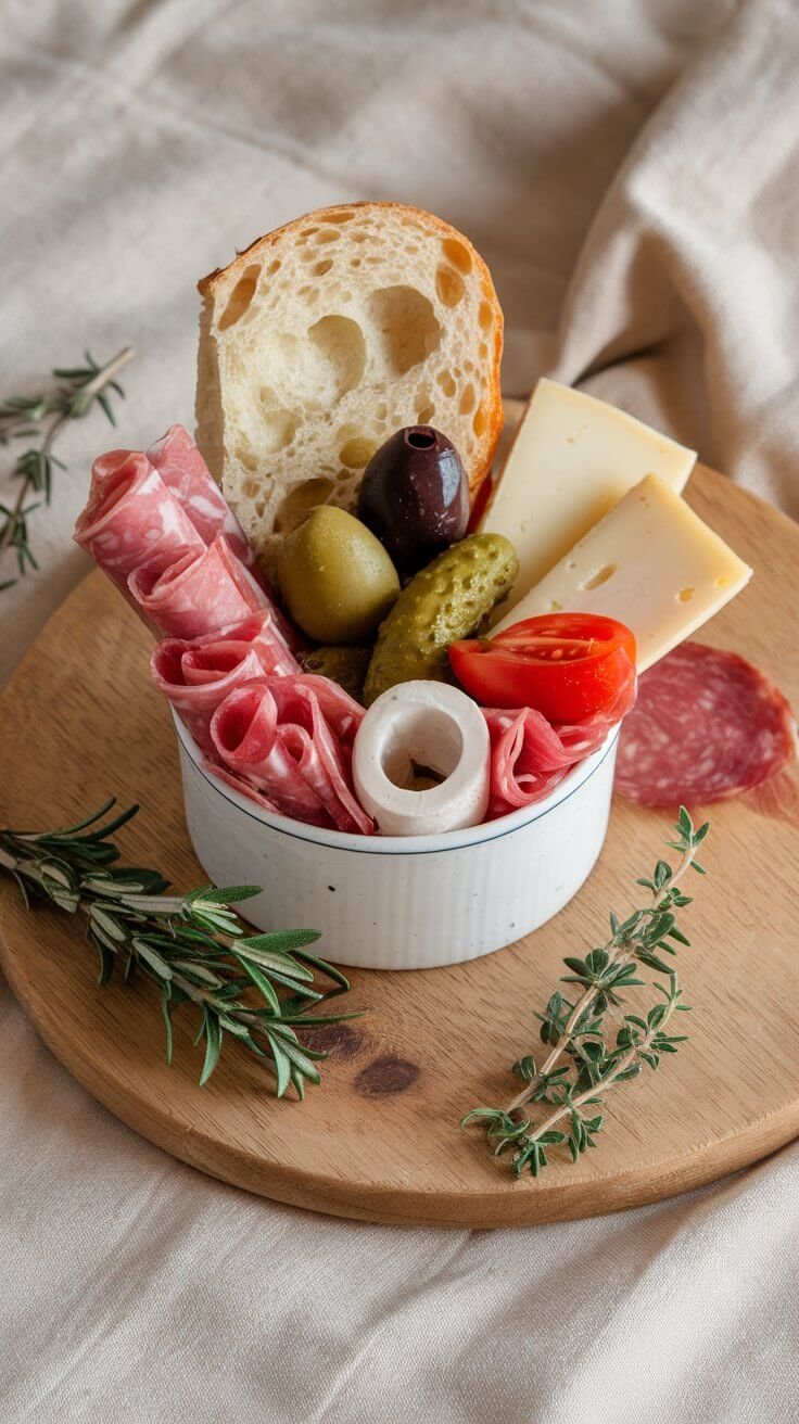 Colorful charcuterie cups filled with meats, cheeses, and fruits on a table.