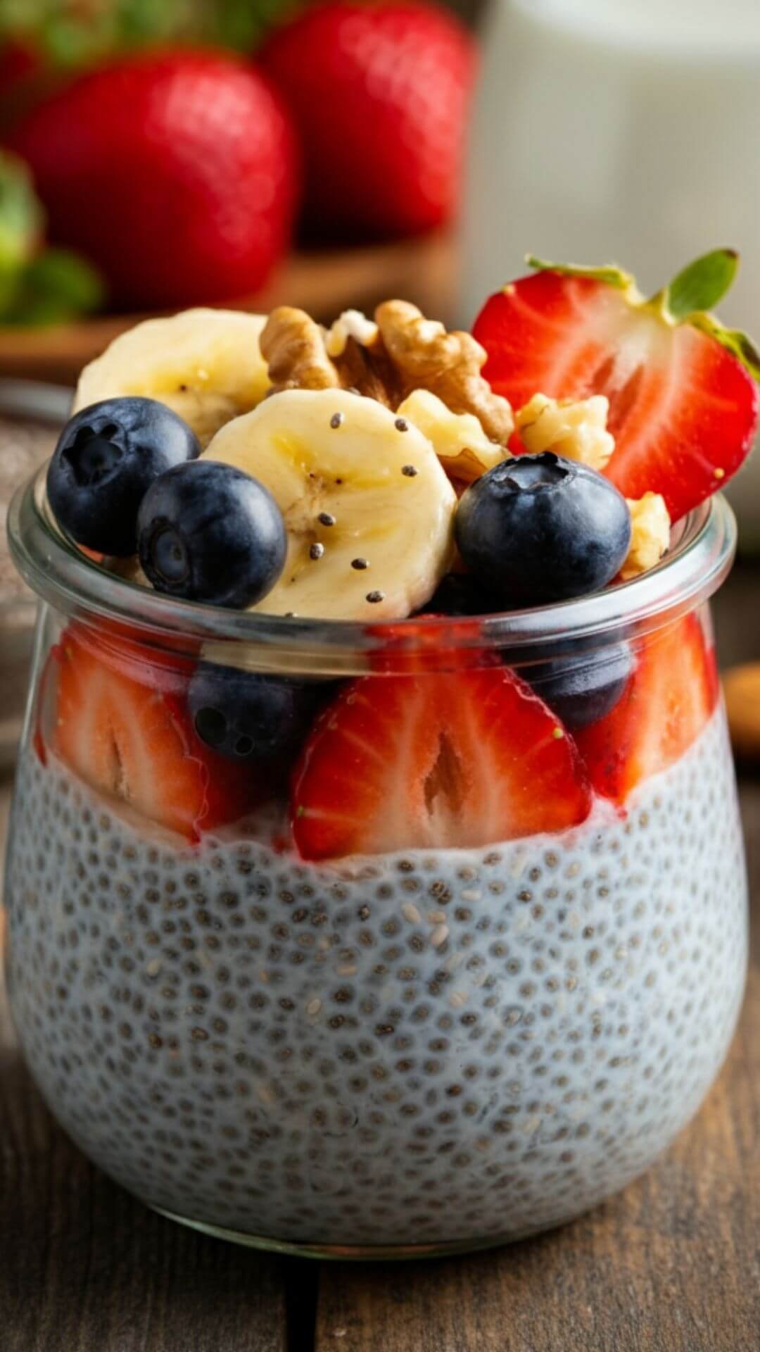 Glass jar of creamy chia pudding topped with fresh strawberries, blueberries, and banana slices, sprinkled with almonds and walnuts, showcasing a healthy protein-packed breakfast.