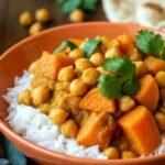 A vibrant bowl of chickpea and sweet potato curry, filled with hearty chunks of sweet potato, tender chickpeas, and a creamy, spiced curry sauce. Garnished with fresh cilantro, a squeeze of lime, and served alongside steamed white rice or warm naan bread. The scene is cozy and inviting, with warm, earthy tones and a rustic wooden table in the background.