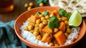 A vibrant bowl of chickpea and sweet potato curry, filled with hearty chunks of sweet potato, tender chickpeas, and a creamy, spiced curry sauce. Garnished with fresh cilantro, a squeeze of lime, and served alongside steamed white rice or warm naan bread. The scene is cozy and inviting, with warm, earthy tones and a rustic wooden table in the background.