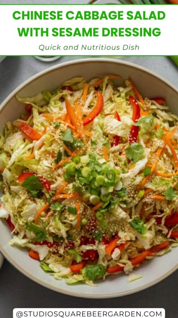 Create an overhead shot of a vibrant Chinese cabbage salad in a large ceramic bowl. The salad should feature shredded Napa cabbage, julienned carrots, thinly sliced red bell peppers, chopped scallions, and cilantro leaves, with a sprinkle of toasted sesame seeds on top. Arrange small bowls around the main dish to showcase the sesame dressing ingredients: sesame oil, soy sauce, rice vinegar, maple syrup, grated garlic, and ginger. Include a mandoline slicer and fresh vegetables (cabbage, carrots, red bell peppers, and scallions) slightly off to the side for a "prep-in-progress" vibe. Use natural lighting to enhance the freshness and vibrant colors of the salad.