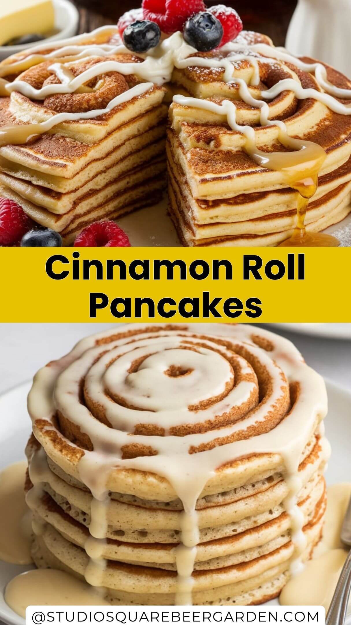 These cinnamon roll pancakes combine the best of two breakfast classics! Fluffy pancakes swirled with cinnamon sugar and topped with cream cheese glaze. A breakfast lover’s dream! #CinnamonRollPancakes #BreakfastLovers #CinnamonRollDesserts