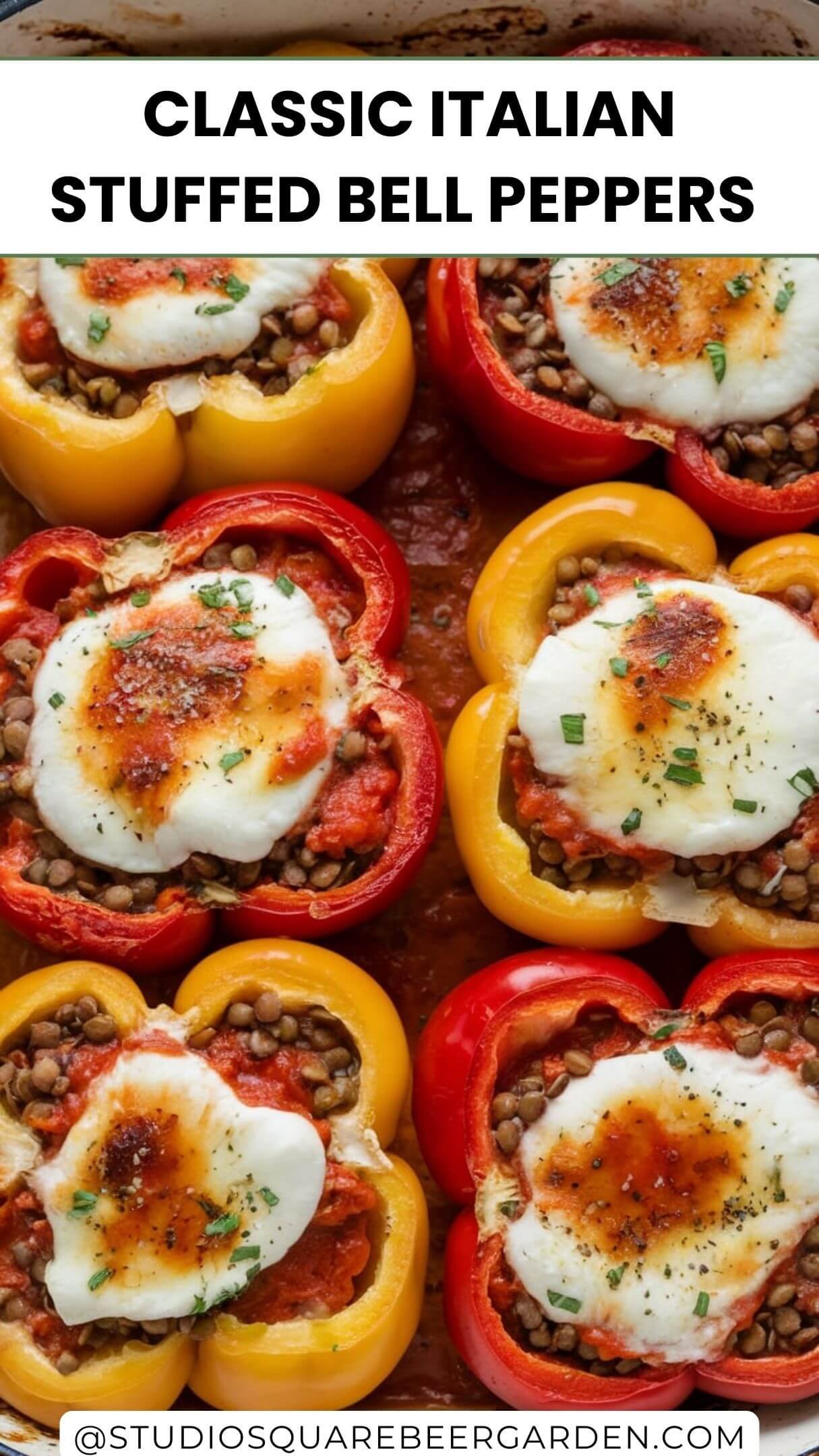 A vibrant plate of halved bell peppers stuffed with a savory mix of lentils, melted mozzarella, and Italian herbs. The peppers are perfectly roasted with a slight char, sitting on a rustic wooden table garnished with fresh basil leaves and a sprinkle of parmesan. Warm, golden light enhances the textures, creating a cozy and appetizing scene.