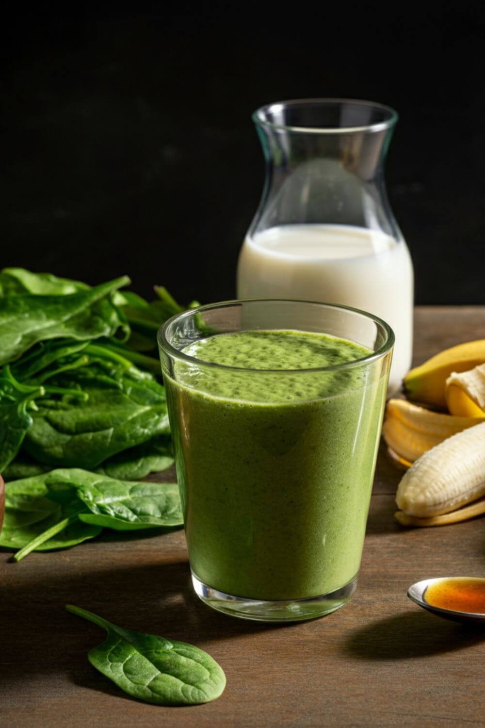 A vibrant, fresh smoothie setup featuring a glass of creamy green spinach and banana smoothie on a wooden countertop. Surround the glass with fresh spinach leaves, a peeled banana, a small bowl of almond butter, a cup of almond milk, and a drizzle of honey on a spoon. Natural lighting highlights the ingredients, evoking a clean and healthy vibe.