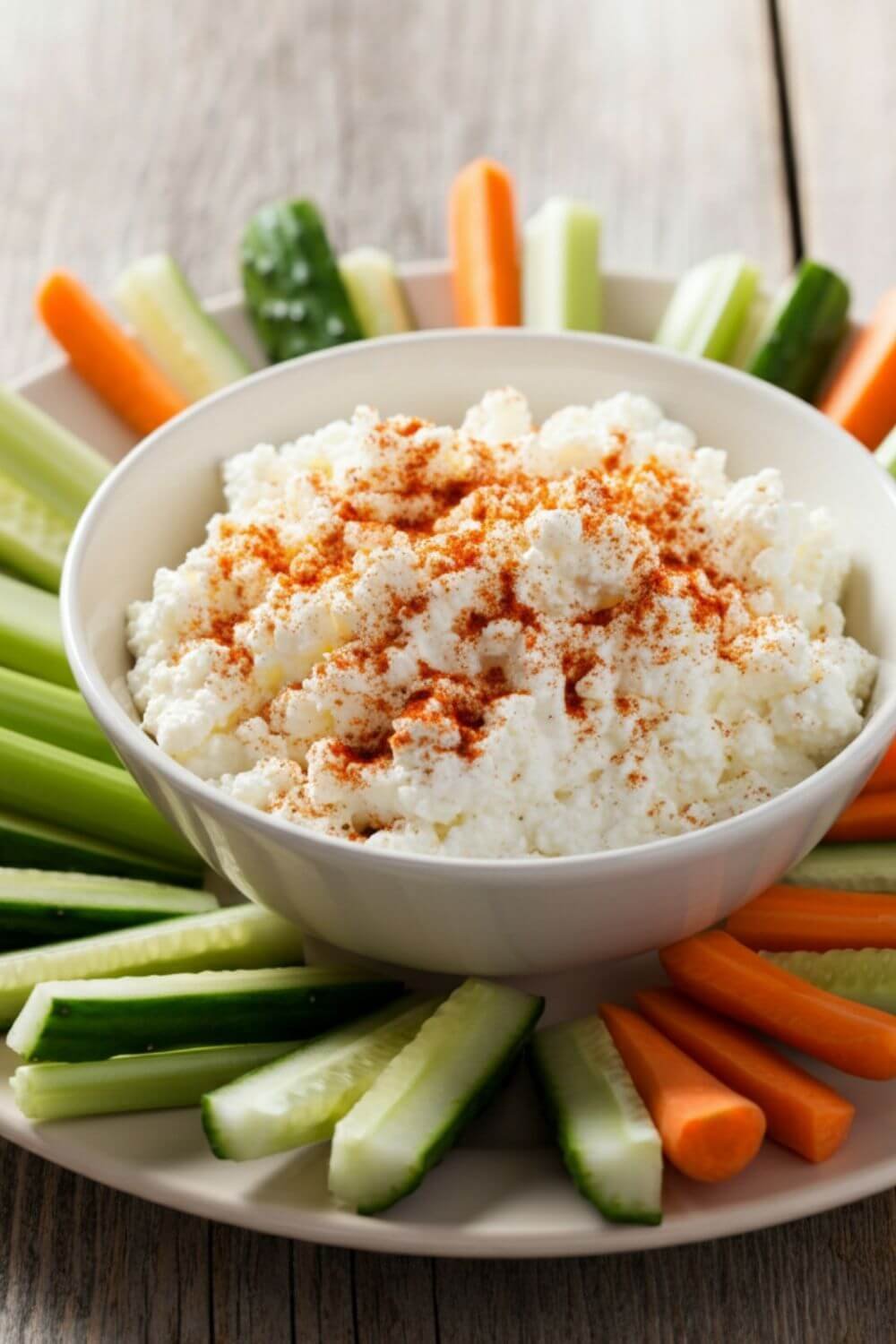 A bowl of creamy cottage cheese sprinkled with paprika, surrounded by neatly arranged fresh veggie sticks (carrots, celery, cucumber) on a light-colored plate, placed on a rustic wooden table. Bright, natural lighting enhances the vibrant colors of the vegetables.