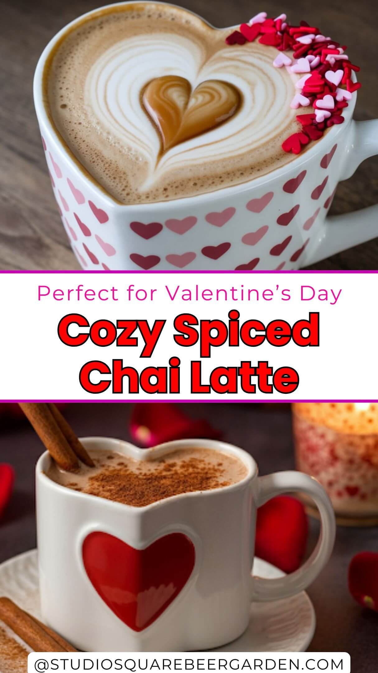 A cozy, heart-shaped spiced chai latte with a perfect top. There's a heart-shaped piece of caramel on top. The latte is served in a white mug with a heart pattern. There are red and pink heart-shaped sprinkles on top. The background is a wooden surface.