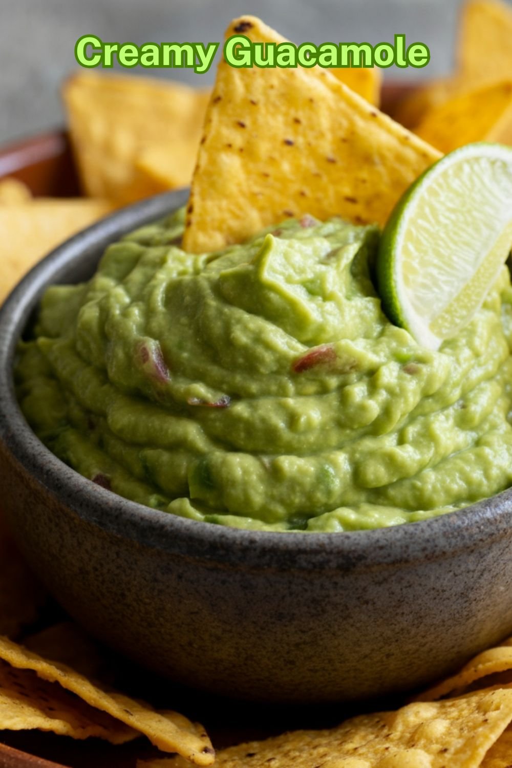 A bowl of creamy guacamole surrounded by tortilla chips, garnished with lime wedges and a sprinkle of chopped cilantro.