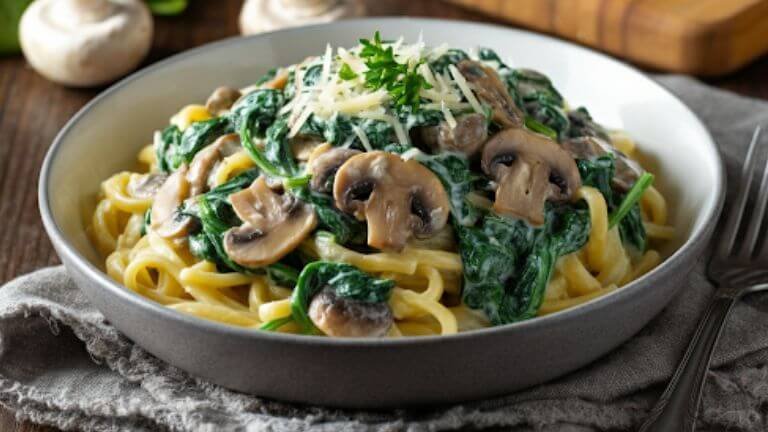 A steaming bowl of creamy spinach and mushroom pasta, topped with freshly grated Parmesan cheese and a sprinkle of chopped parsley. The pasta is coated in a rich, velvety cream sauce, with sautéed mushrooms and wilted spinach evenly mixed throughout. The dish is served on a rustic wooden table with a fork resting on the side, surrounded by fresh spinach leaves, whole mushrooms, and a block of Parmesan for a cozy, appetizing presentation.