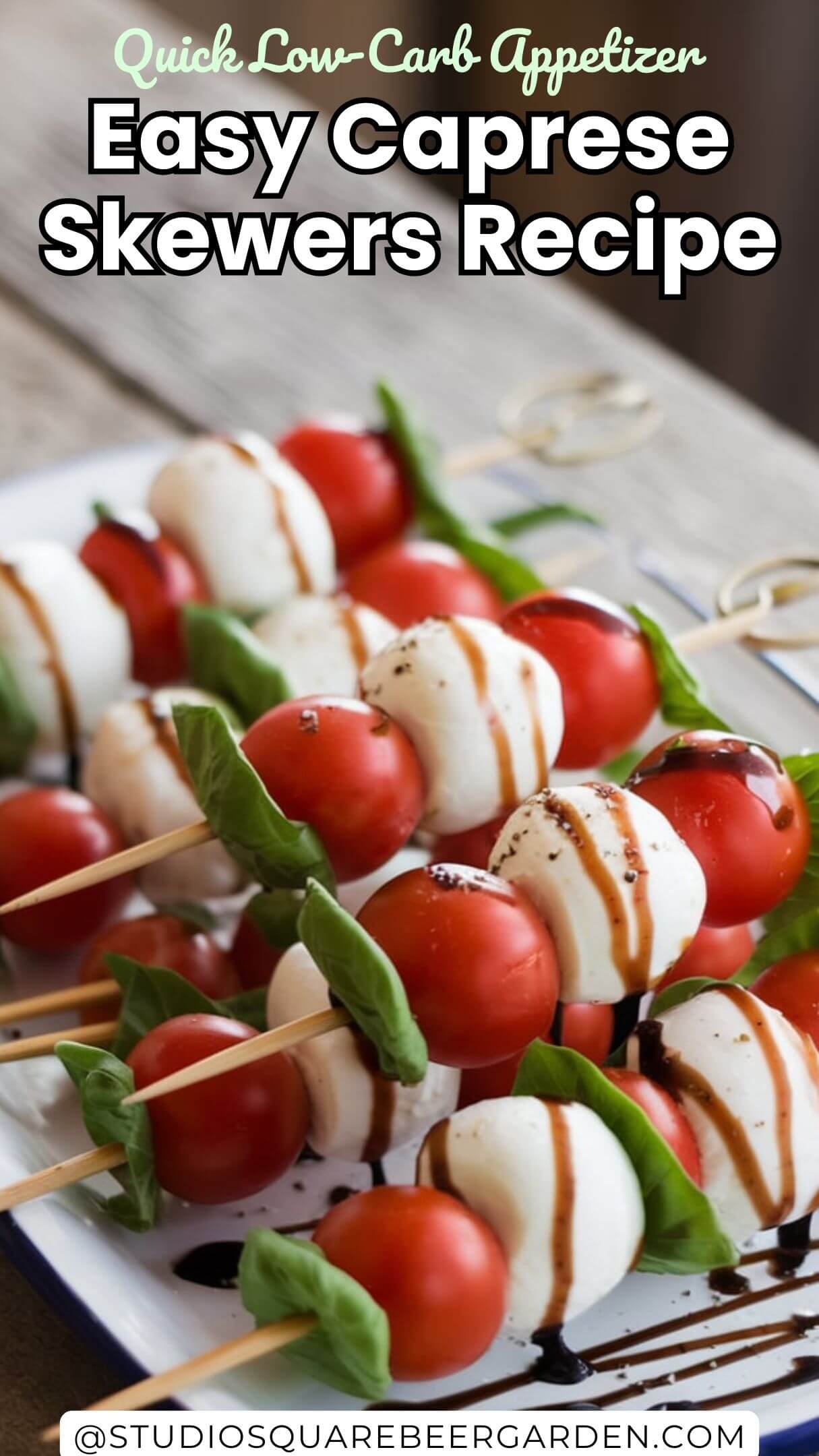 These Caprese skewers are a simple yet elegant appetizer! Fresh tomatoes, mozzarella, and basil with a drizzle of balsamic glaze make for a quick, low-carb snack. #CapreseAppetizer #LowCarbAppetizer #TomatoSkewersRecipe