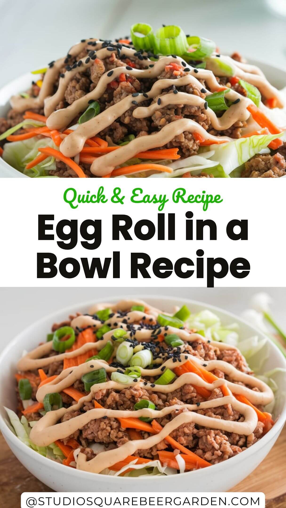 Enjoy the flavors of an egg roll without the wrapper! This egg roll in a bowl recipe is a quick, low-carb, and veggie-packed dish perfect for weeknight dinners. #EggRollRecipes #CabbageRecipes #EggRollInABowlRecipe