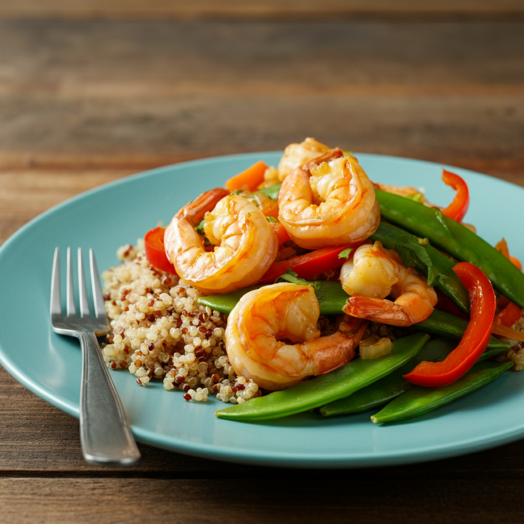 A vibrant plate of shrimp stir fry with colorful snap peas, red bell peppers, and carrots, served over a bed of fluffy quinoa or brown rice. Highlight the glistening shrimp and fresh, crisp vegetables.