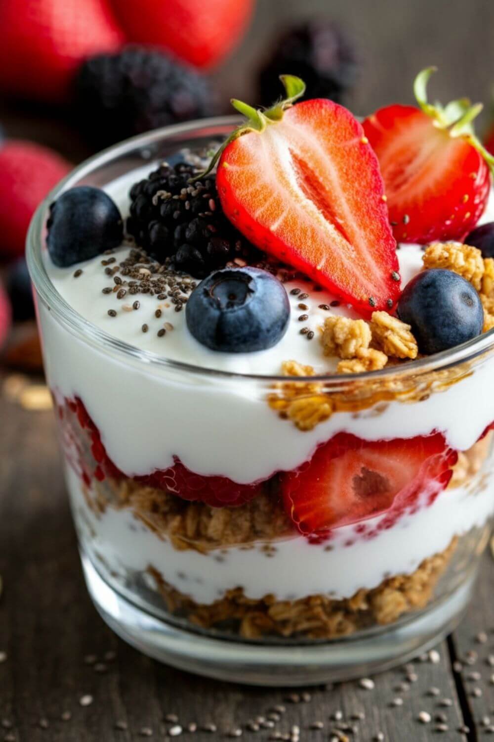 A close-up of a glass parfait bowl with visible layers of creamy white Greek yogurt, textured golden granola, and vibrant fresh berries (strawberries, blueberries, raspberries). The top is garnished with a drizzle of honey, a sprinkle of black chia seeds, and a few crushed almonds. Styled on a wooden table with scattered granola and berries in the background. 