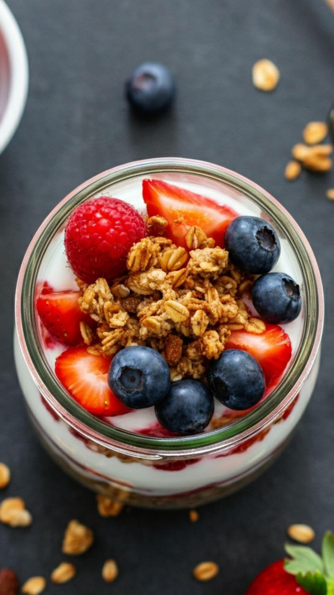 Layered Greek yogurt parfait with fresh berries, granola, and a drizzle of honey, served in a glass jar for a healthy and delicious breakfast or snack