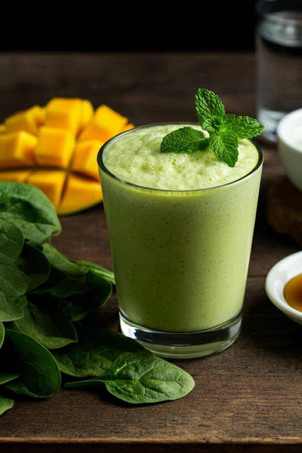 A vibrant glass of Green Mango Lassi placed on a wooden table, surrounded by fresh spinach leaves, a sliced mango, a small bowl of yogurt, a glass of water, and a drizzle of honey in a spoon. The smoothie is creamy with a bright green hue, garnished with a small mint leaf on top. Natural lighting highlights the freshness of the ingredients and the inviting texture of the drink.