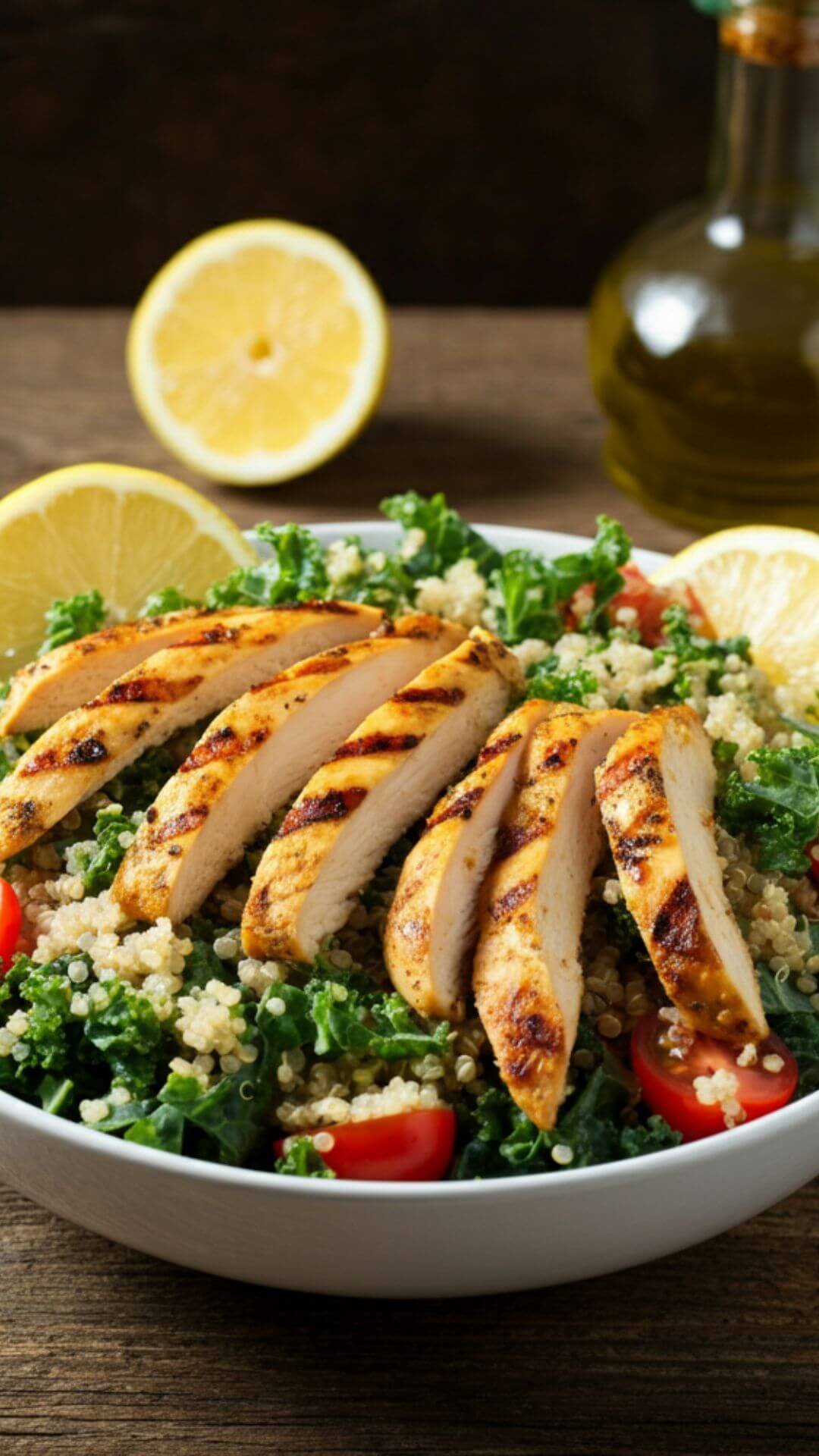 Grilled chicken and quinoa salad topped with fresh greens, cherry tomatoes, and a light dressing, served in a rustic bowl for a healthy and delicious meal.