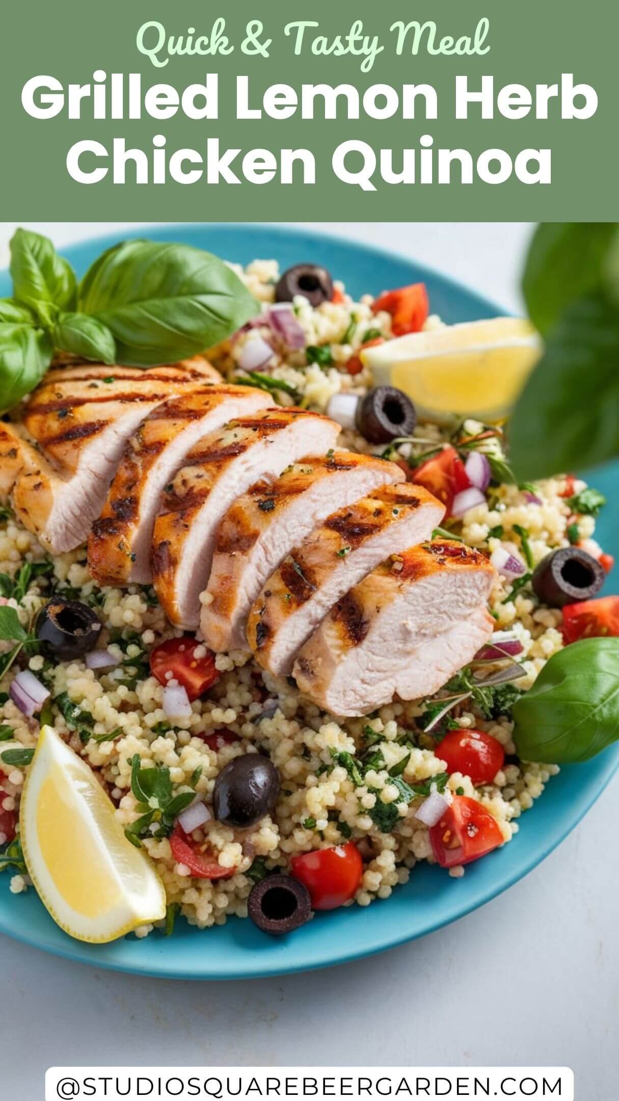 This grilled lemon herb chicken with quinoa is a protein-packed, healthy dinner idea! Juicy, flavorful chicken pairs perfectly with fluffy quinoa for a delicious and nutritious meal. #GrilledChickenRecipe #HealthyQuinoaDish #LemonHerbChicken