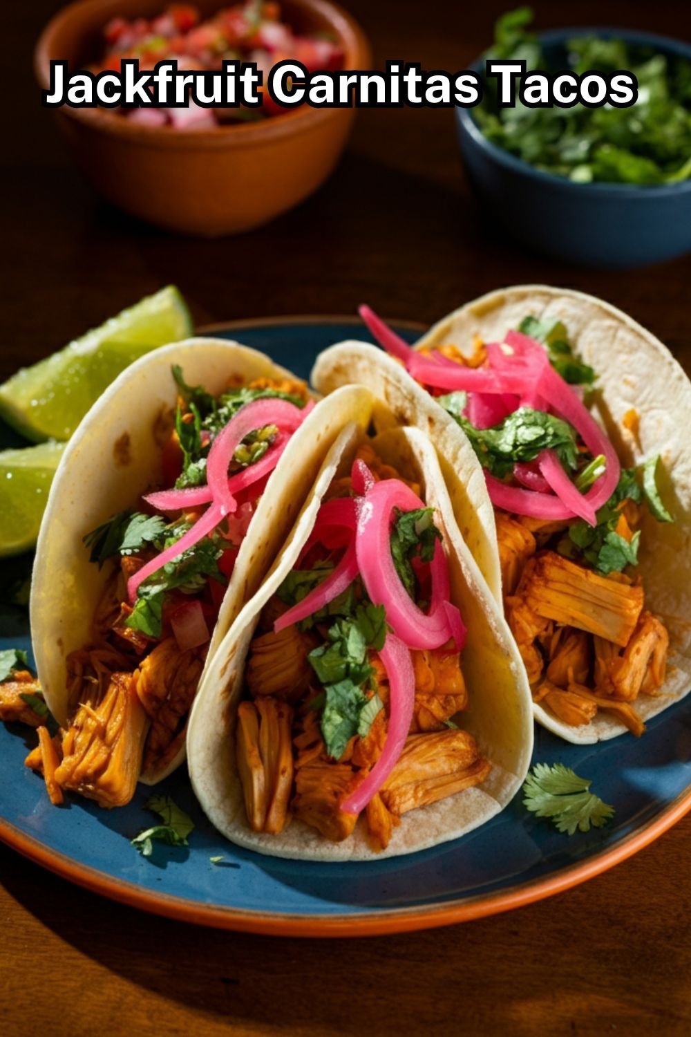 A vibrant plate of tacos on a rustic wooden table. The tacos are filled with golden-brown jackfruit carnitas, topped with bright pink pickled red onions and freshly chopped cilantro. Lime wedges and a small bowl of salsa sit nearby for garnish.