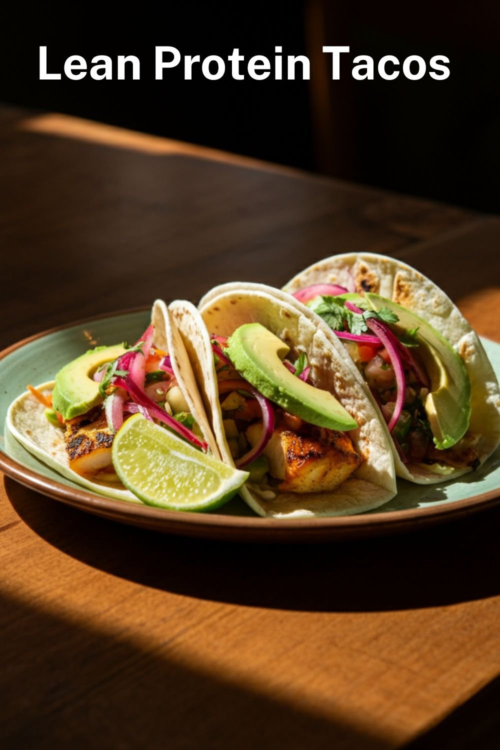 A colorful plate of tacos filled with grilled fish, fresh vegetables, and creamy avocado slices, garnished with lime wedges and cilantro, served on a wooden table.
