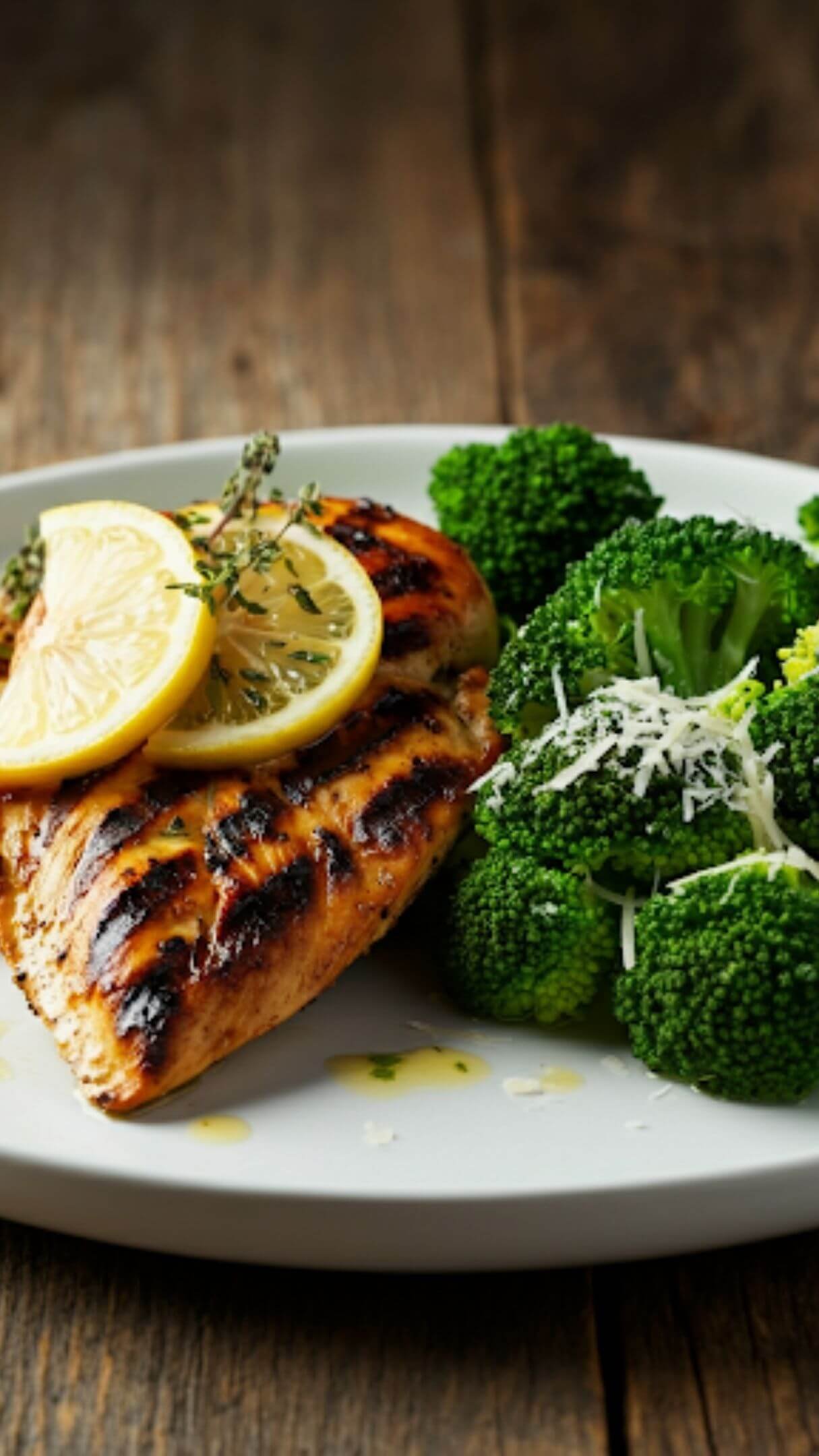 A beautifully plated dish featuring juicy, grilled chicken breasts with charred grill marks, garnished with fresh lemon slices and herbs. Next to the chicken, vibrant green broccoli florets are sprinkled lightly with parmesan, all set on a white plate with a rustic wooden background.