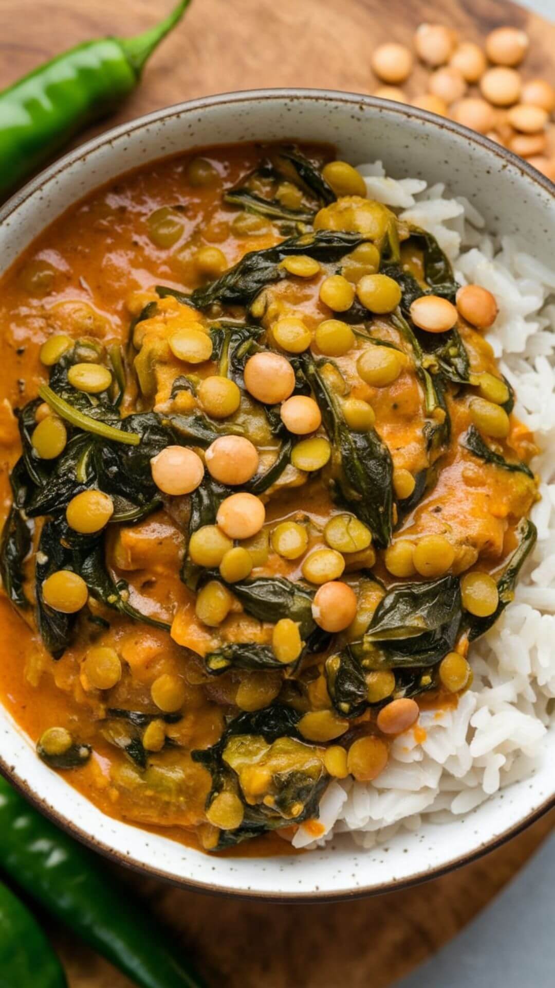 Close-up of a bowl filled with vibrant lentil and spinach curry, garnished with fresh cilantro and served with fluffy basmati rice on a rustic wooden table.