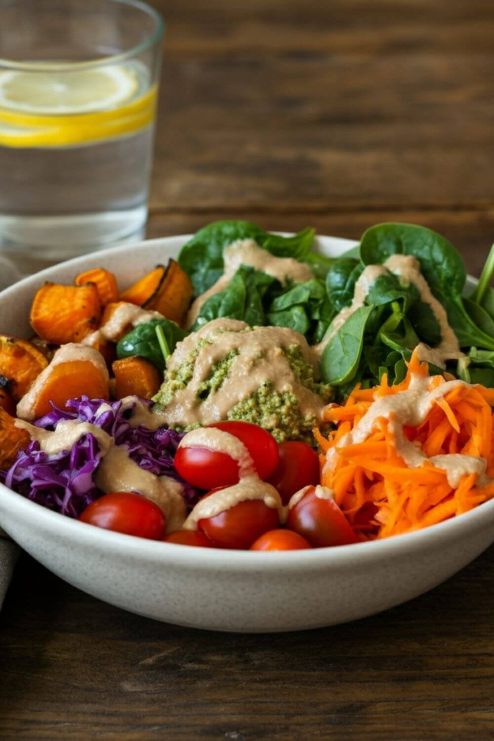 A vibrant bowl with a mix of colorful ingredients—golden roasted sweet potatoes, bright green leafy greens, plump cherry tomatoes, shredded carrots, and creamy tahini dressing drizzled on top. Set on a wooden table with a glass of lemon water and a linen napkin beside it.