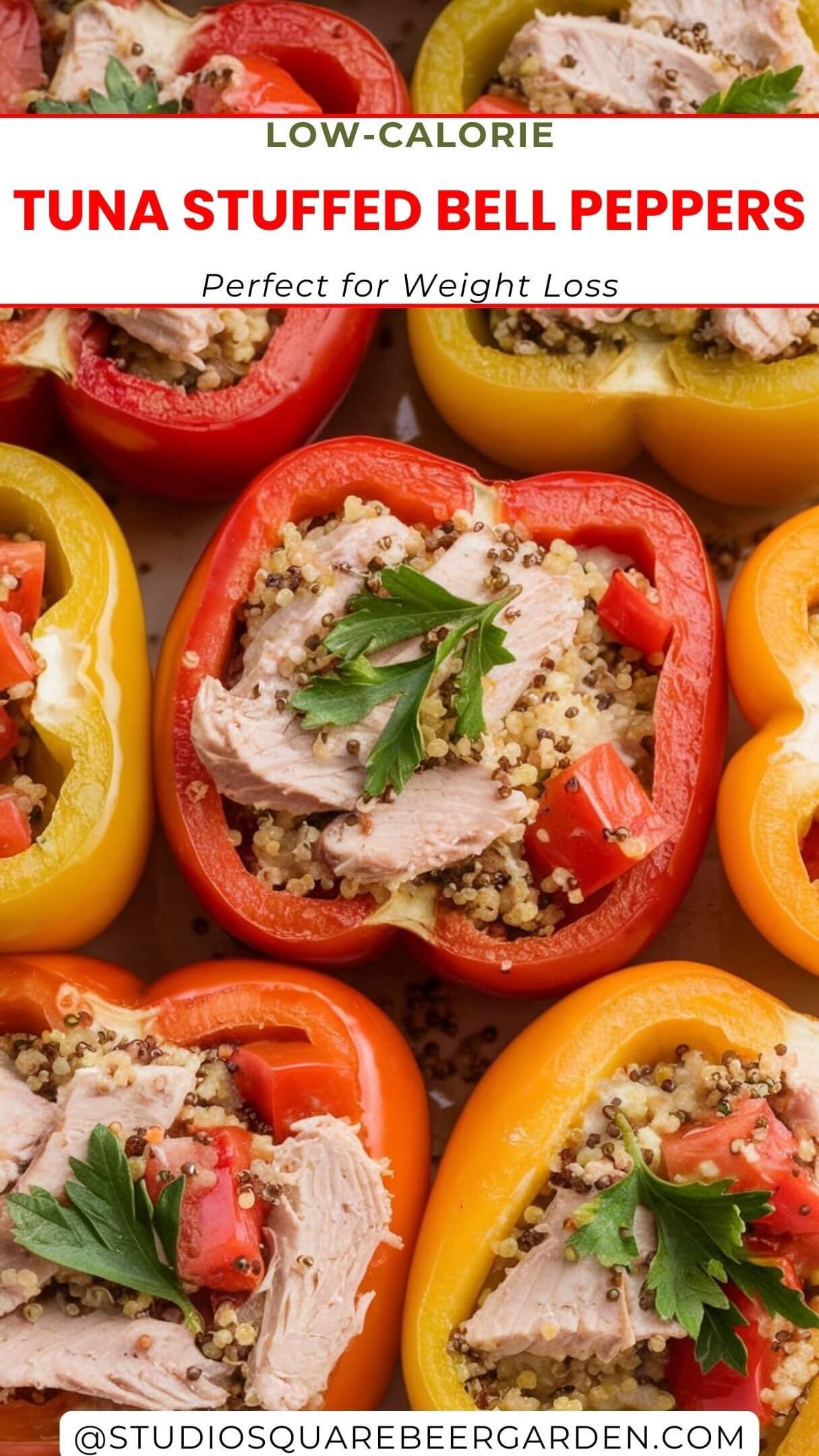 this Tuna Stuffed Bell Peppers Recipe! Low in calories and high in flavor, these peppers are filled with a tasty tuna mix that’s perfect for a quick, nutritious meal. Great for lunch or dinner!