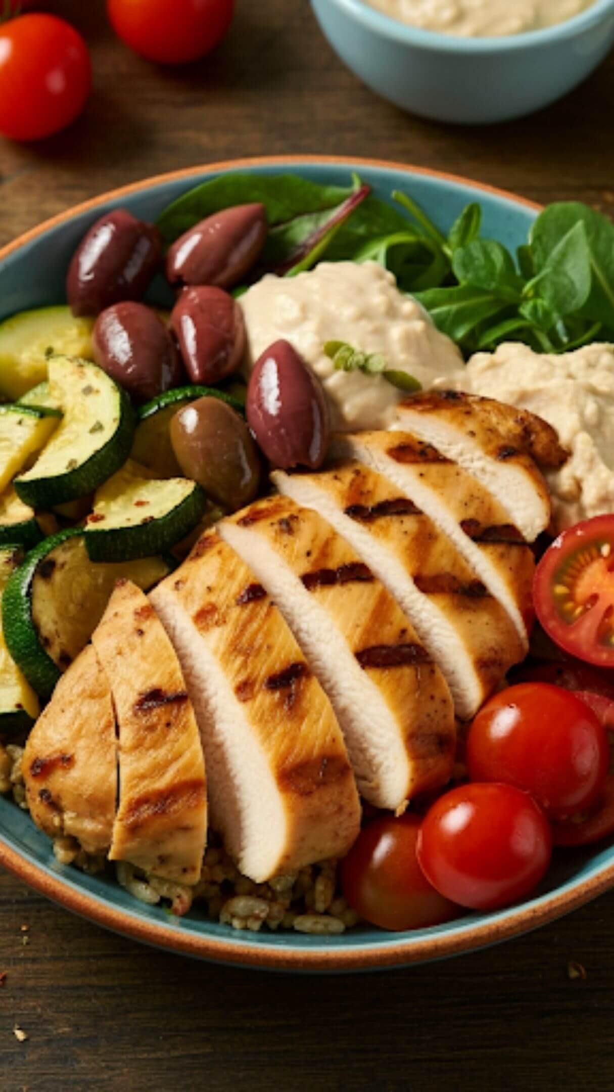 A vibrant bowl with juicy grilled chicken slices, colorful cherry tomatoes, steamed zucchini, a creamy dollop of hummus, and glossy olives, placed on a rustic wooden table with a sprinkle of herbs.