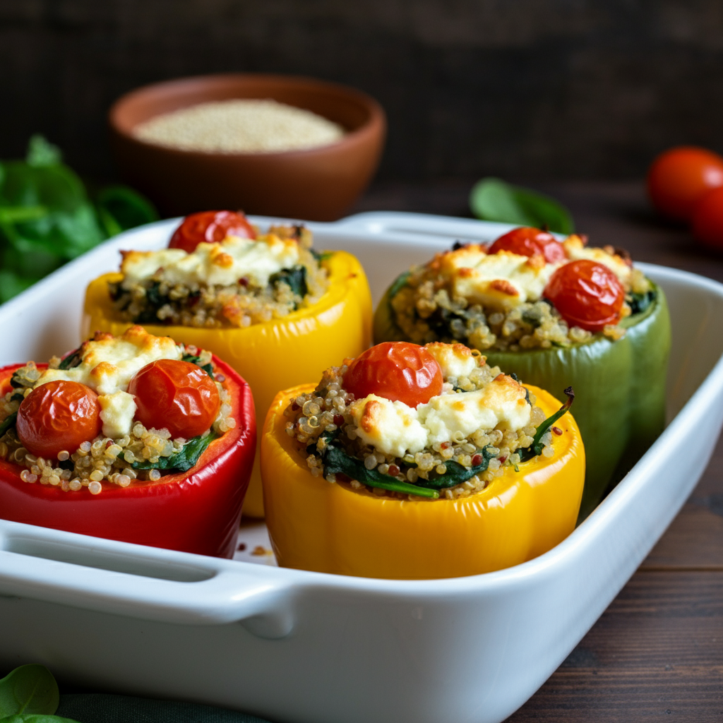 A vibrant photo of four stuffed bell peppers (red, yellow, orange, and green), placed in a white baking dish. The filling is colorful with quinoa, spinach, and cherry tomatoes, topped with golden, slightly melted feta cheese. The background is a rustic wooden table with scattered herbs and a bowl of quinoa.